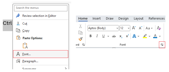 Different ways to open the Font options menus